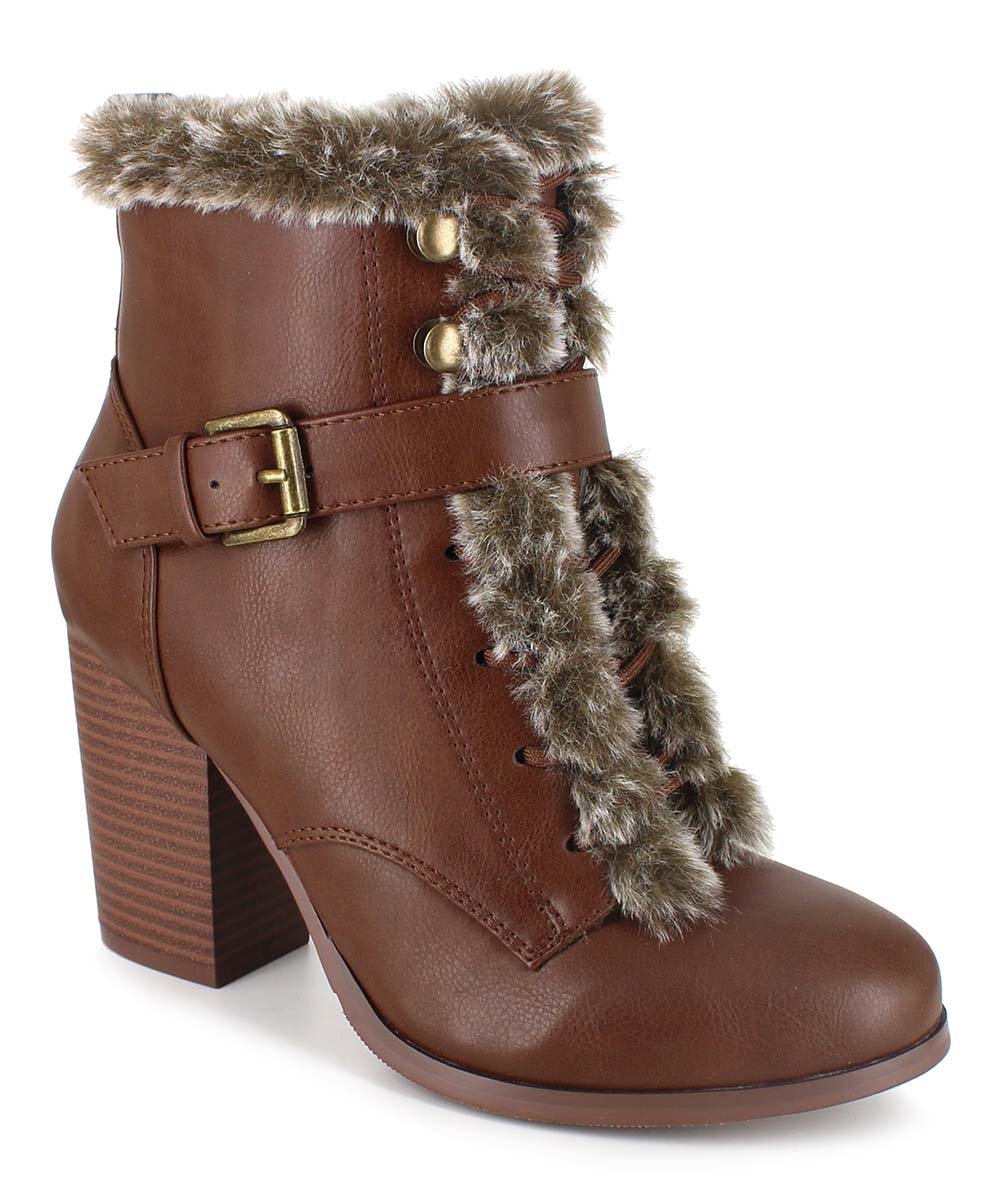 XOXO Brown Mendy Buckle-Accent Faux-Fur Booties